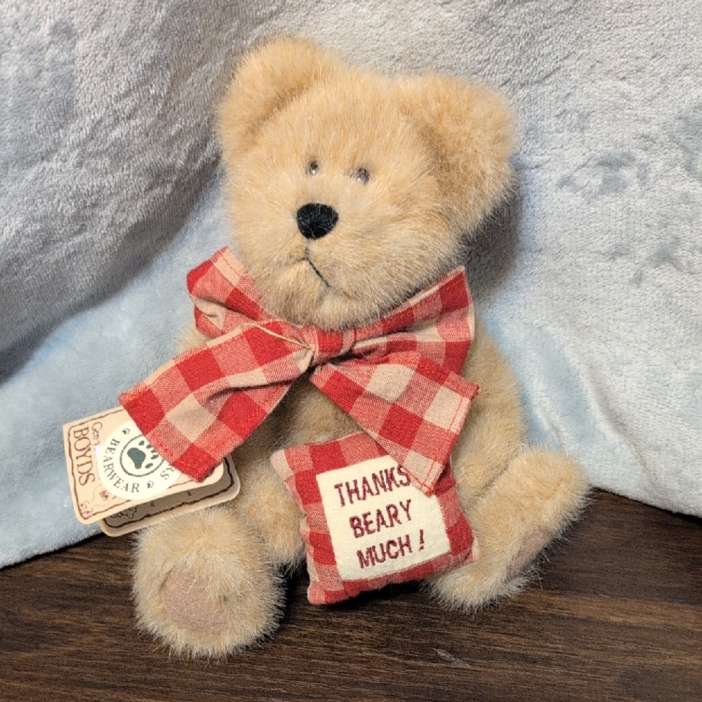 Boyds Bears "Merci Bearcoo" Tan Plush Bear with Red Plaid Bow